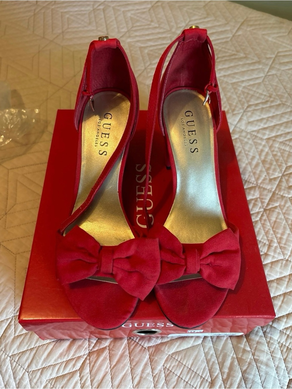 GUESS Red Bow Open-Toe Ankle Strap Heels
